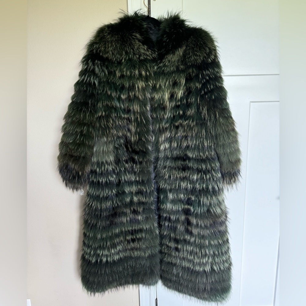 Green Dyed Tanuki Fur Coat Finnish Raccoon L XL